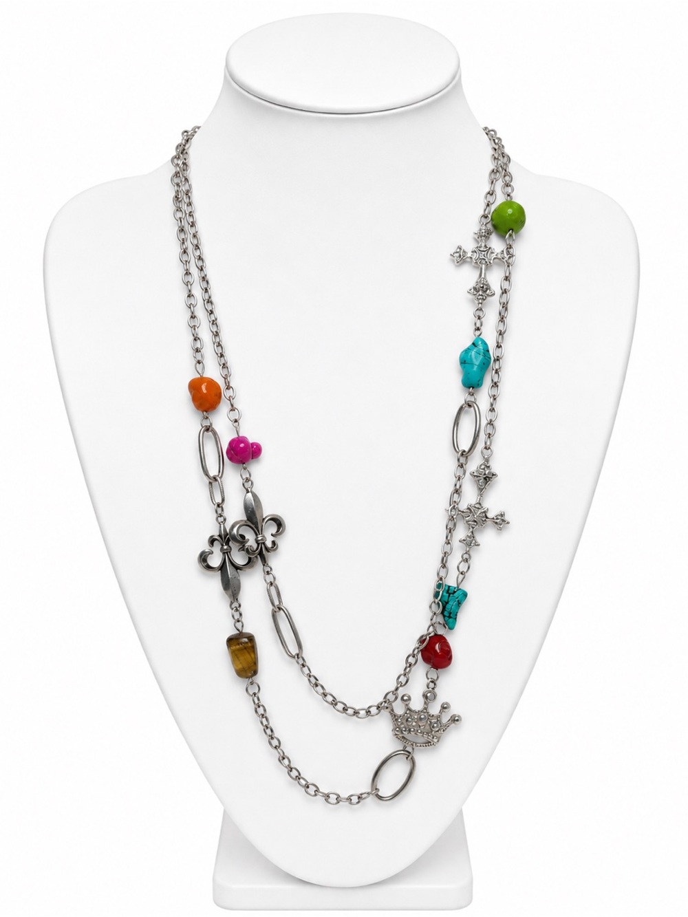 Vintage Premier Designs Silver-tone Charm Necklace Turquoise Tigers Eye Y2K